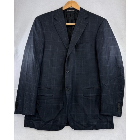 CANALI Tessuto Blazer Mens US 46L Blue Plaid Silk‎ Wool Two Button Italy
